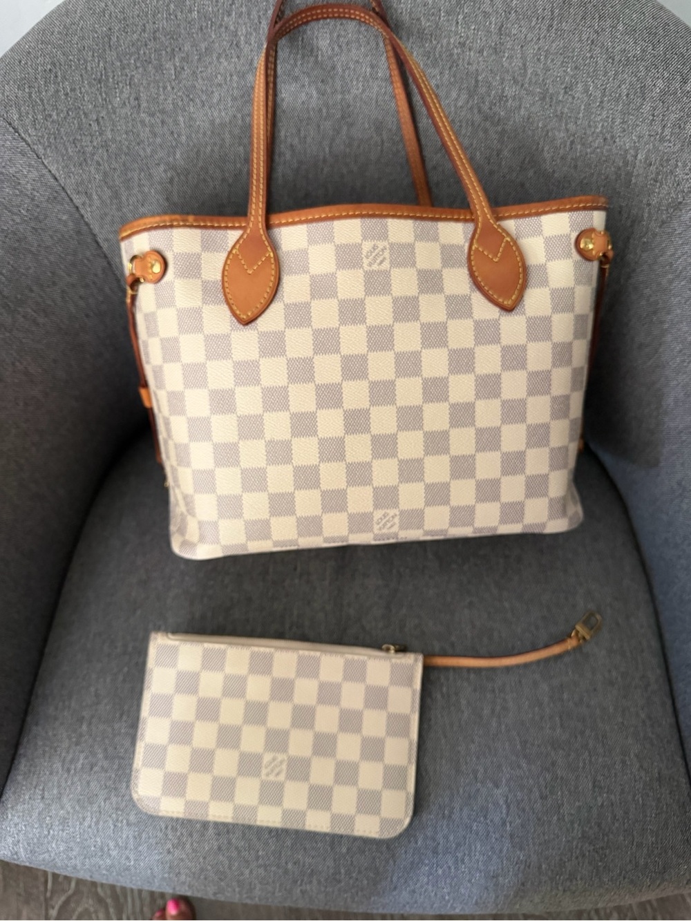 Authentic Louis Vuitton Damier Azur PM Canvas Tote with Tan Leather Trim